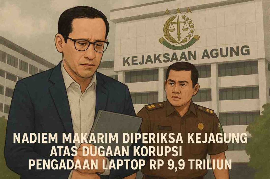 Ilustrasi Nadiem Makarim di Kejagung (Supremasi.id)