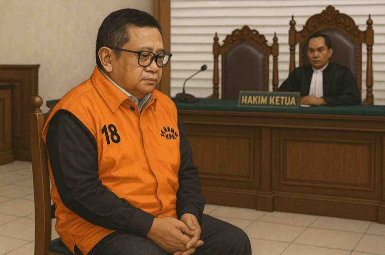 Ilustrasi Hasto Kristiyanto duduk di kursi pesakitan
